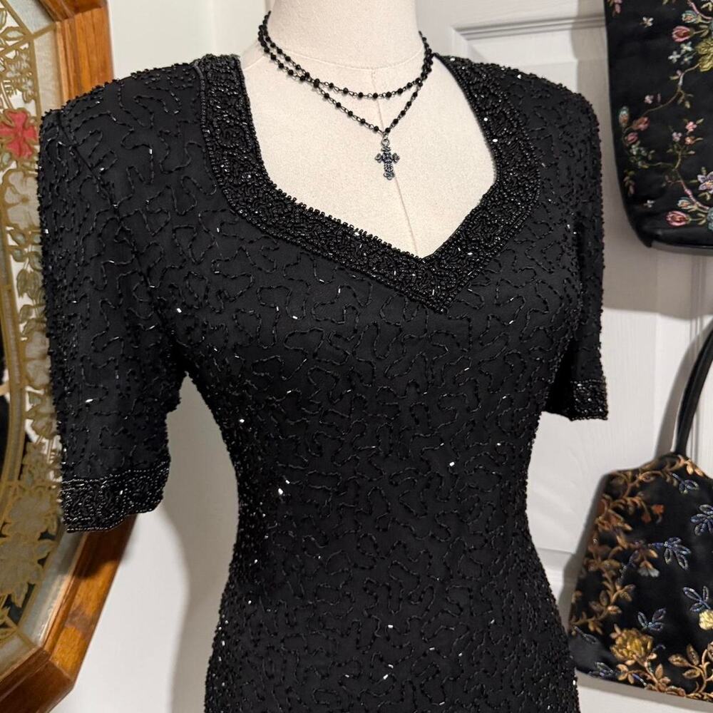 VTG 80s/90s Stenay Black 100% Silk Beaded V Neck Goth Glam Top w Shoulder Pads - Picture 2 of 8